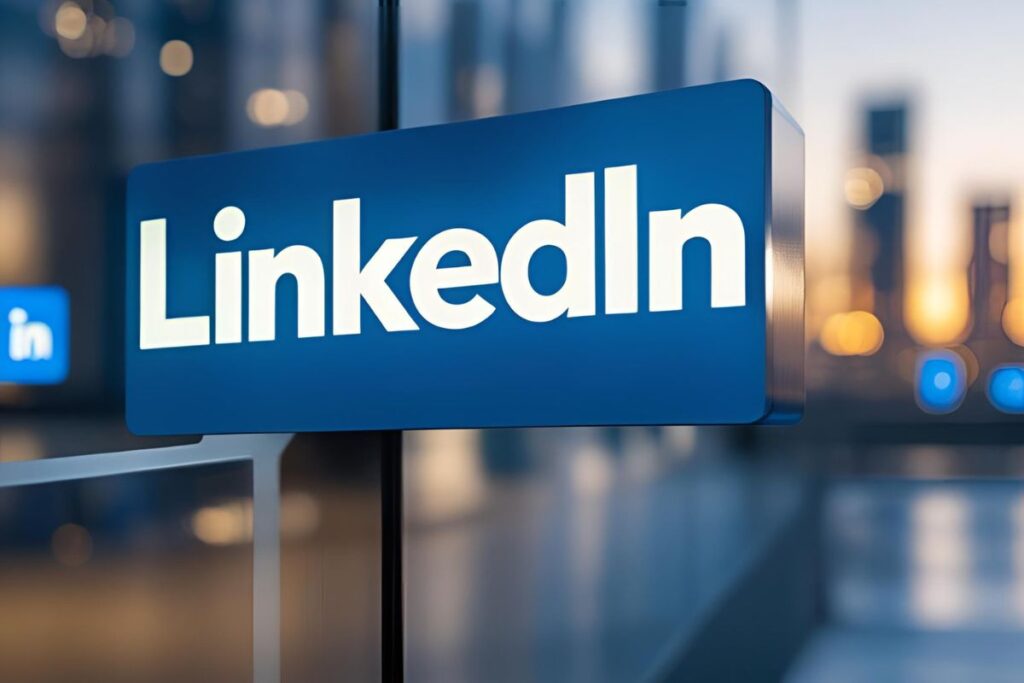 Letreiro luminoso azul com o logo do LinkedIn em branco, montado na parte externa de um edifício moderno com um fundo urbano desfocado ao entardecer.