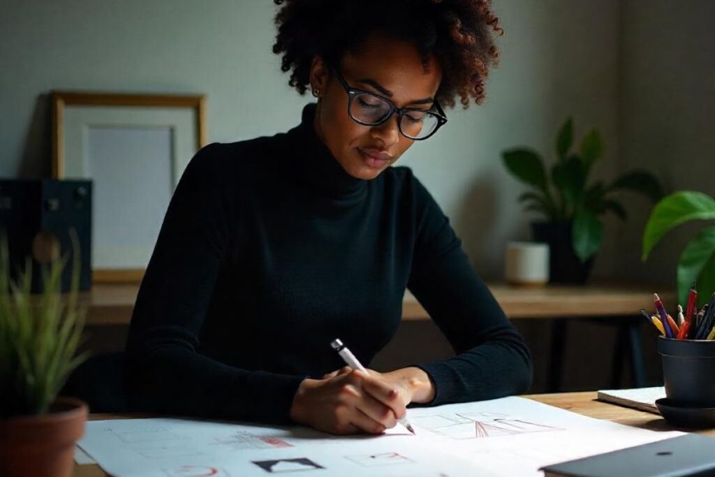 Uma mulher negra de óculos desenhando e planejando em um papel sobre uma mesa com plantas e materiais de escritório, representando o planejamento individual e focado.