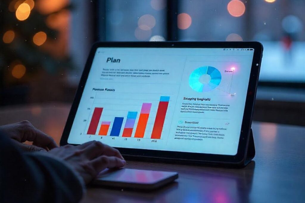 Mãos usando um tablet mostrando gráficos e a palavra "Plan", representando a análise de dados e o planejamento digital.