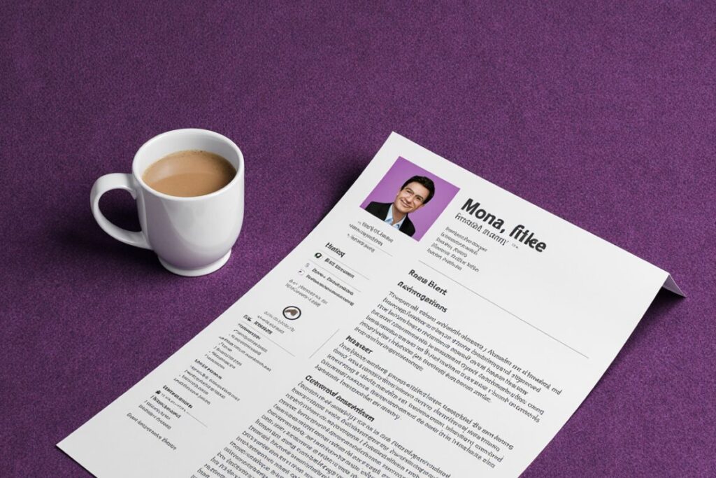 Um currículo e uma xícara de café em uma superfície roxa, com o título "Mona, fitke" e uma foto de perfil, sugerindo um momento de foco e preparação na criação de documentos para o processo seletivo.