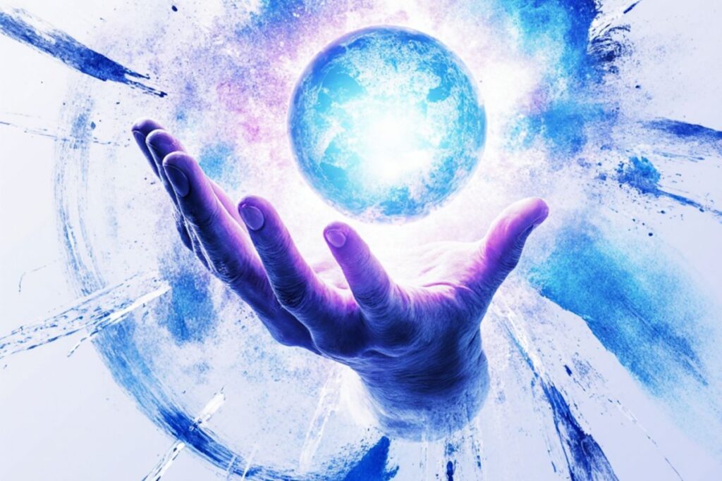 Uma mão humana estilizada em tons de roxo e azul, com a palma aberta segurando um globo terrestre azul e brilhante, cercado por efeitos de luz e partículas.