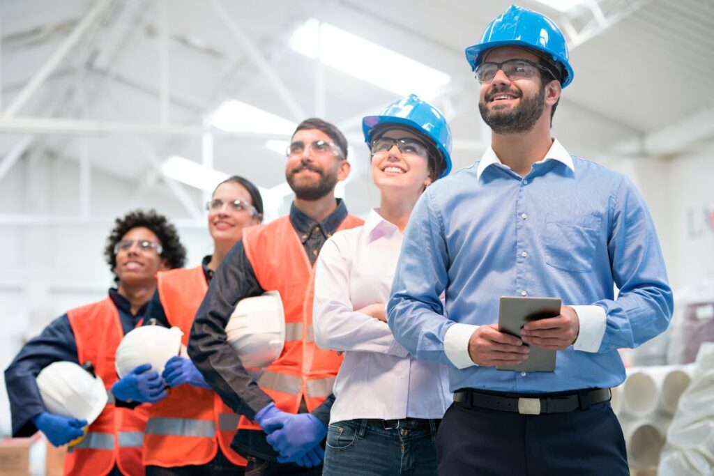 Grupo de cinco trabalhadores da construção civil, incluindo homens e mulheres com capacetes e óculos de segurança, olhando para cima com expressões de esperança e projeção, com um líder segurando um tablet.