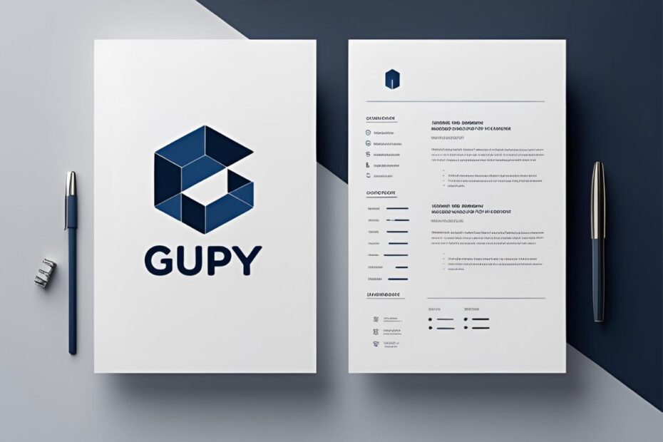 Materiais de branding da Gupy com o logo e um currículo template, demonstrando uma integração profissional.