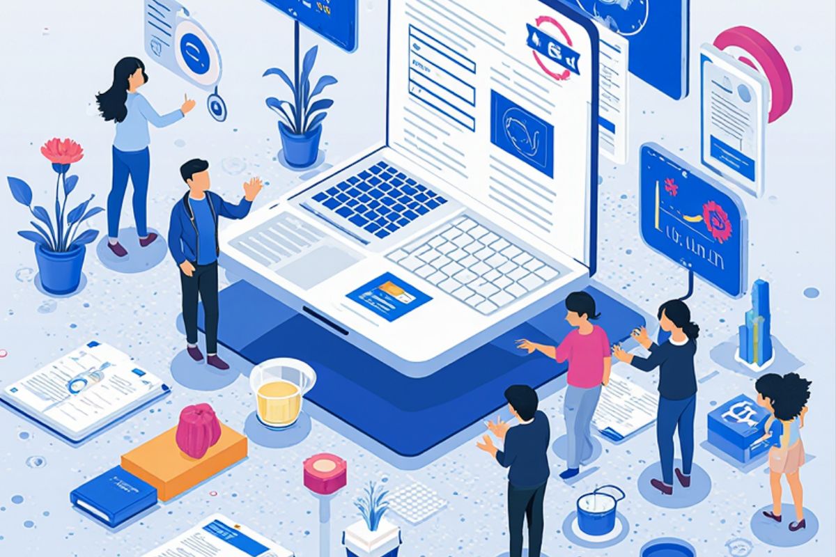 Uma ilustração isométrica vibrante mostra várias pessoas interagindo com um grande laptop e diversos elementos de dados, gráficos, documentos e plantas, tudo em tons de azul e branco.