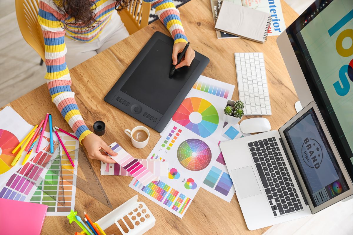 Designer gráfico feminino trabalhando em home office, cercada por amostras de cores e utilizando um tablet gráfico para design digital.